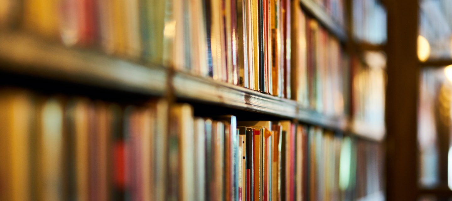 Stacked bookshelf in library